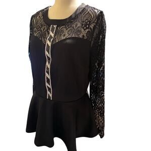 Janette Plus Black Peplum Top, Lace Mesh Sleeves Rhinestone, Plus Size 2XL